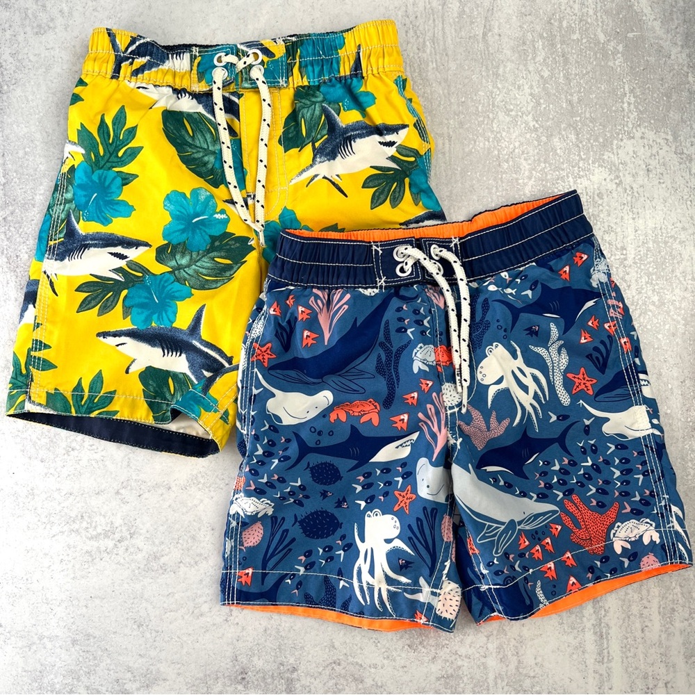 4T🦈🩳💦Boys GAP Boardshorts Swim Bathing Suits Set of 2 Shark Ocean & Floral Print